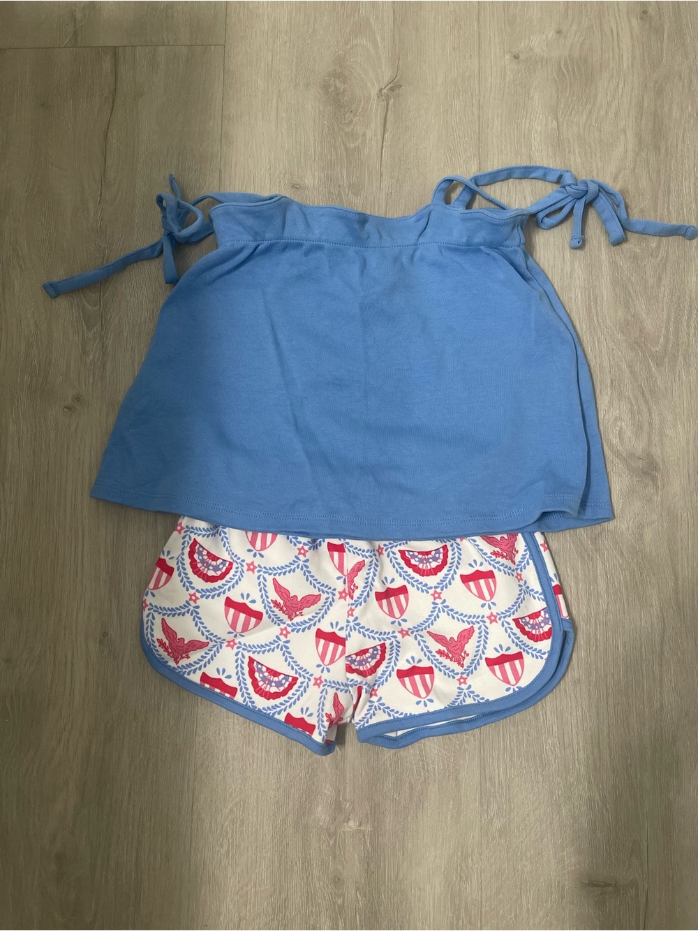 Blue Tie-Strap Tank with Patriotic Pattern Shorts Set